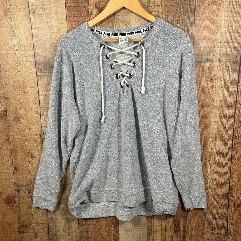 PINK Victoria's Secret Oversized Lace Up Sweatshirt Gray Logo Back Large Y2K